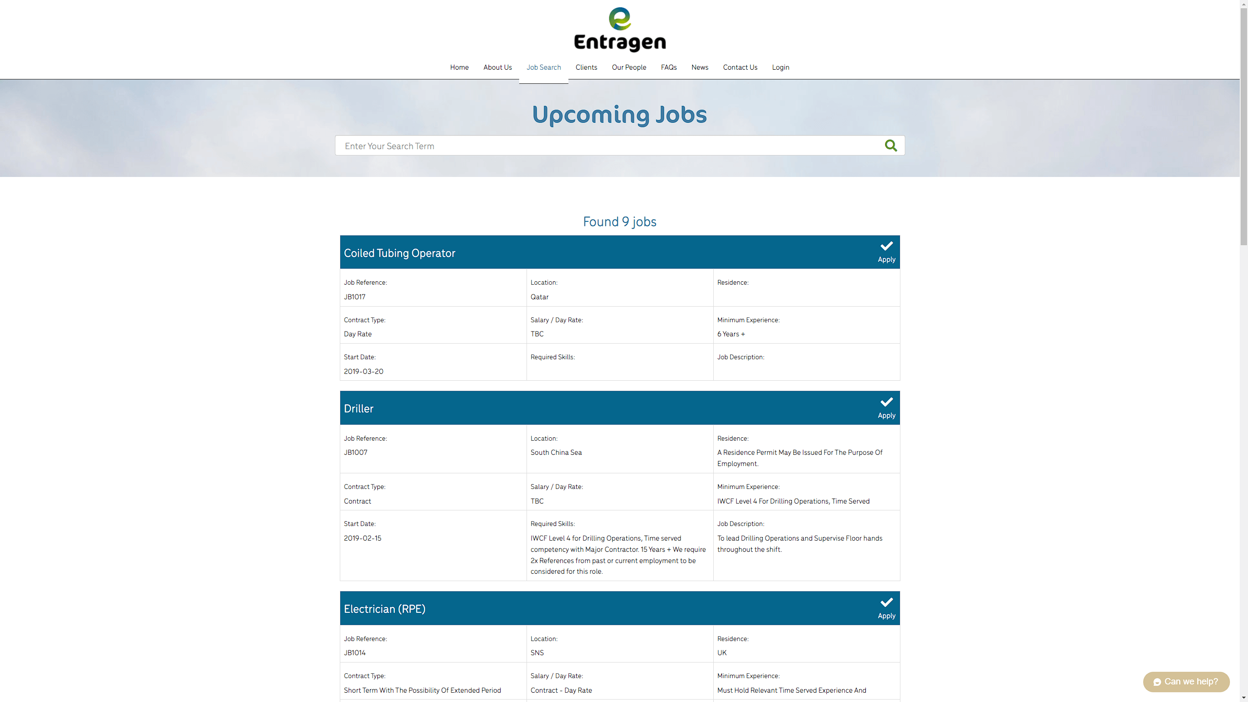 Entragen Jobs Page
